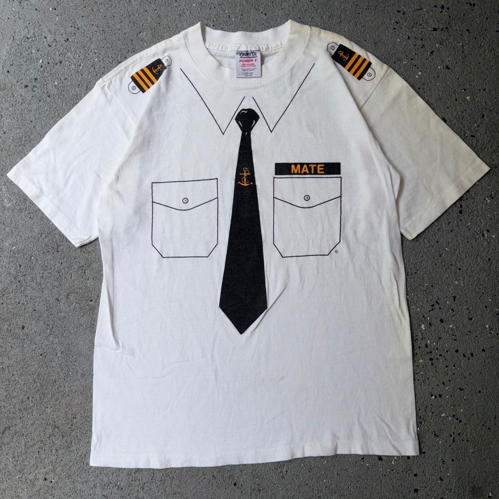 Vintage‎ Oneita Power-T First Mate Nautical Uniform Graphic T-Shirt White Large